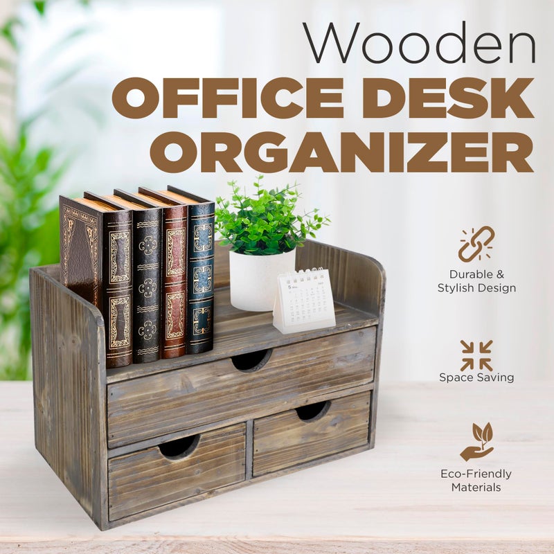 Besti Wooden Office Desk Organizer - Organizing Tool for Desktop, Cubicle, Bedroom, Kitchen - Vintage Style Organization Caddy with Top Tray Shelf & 3 Drawers - 13.6x9x7 Inches (Rustic) - Image 2
